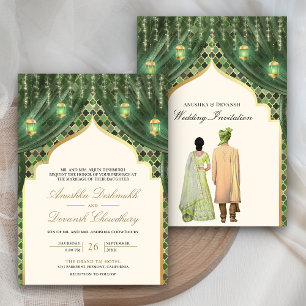 Gold Lanterns Sage Green Indian Couple Wedding Invitation