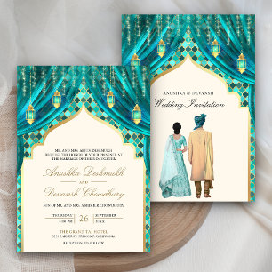 Gold Lanterns Teal Indian Couple Wedding Invitation