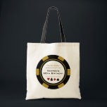 Gold Las Vegas Casino Poker Chip Birthday Tote Bag<br><div class="desc">This golden and white poker chip style tote bag would make a perfect gift for your birthday guests to carry through the night of gambling or a weekend in Las Vegas. Personalize the design with your name and birthdate # in black in the center, and your text in a goldish...</div>