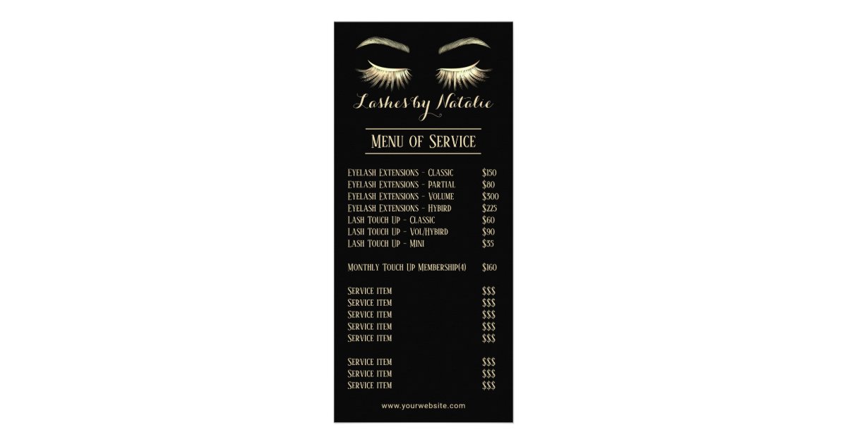 Gold Lashes Eyelash Makeup Artist Salon Price List Rack Card | Zazzle