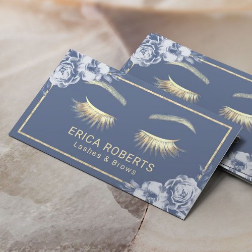 Gold Lashes Makeup Artist Blue Floral Beauty Salon Business Card