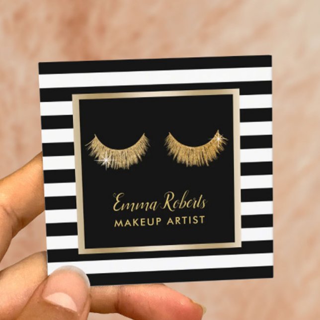 Gold Lashes Makeup Artist Modern Black Stripes Square Business Card (Creator Uploaded)