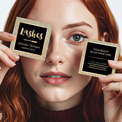 Gold Lashes Script Glitter Sparkles Makeup Artist Square Business Card