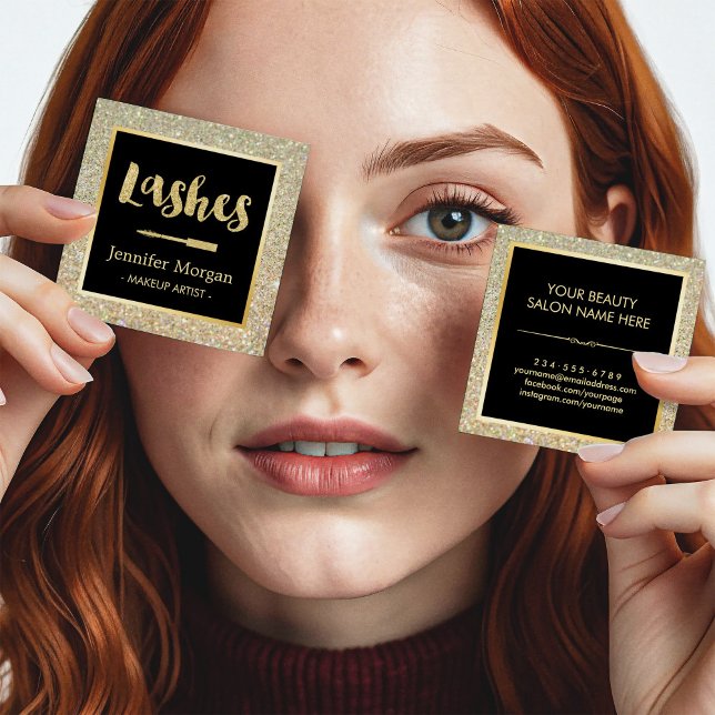 Gold Lashes Script Glitter Sparkles Makeup Artist Square Business Card (Creator Uploaded)