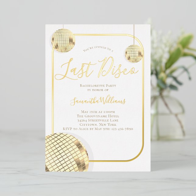 Gold Last Disco Bachelorette Party Foil Invitation (Standing Front)