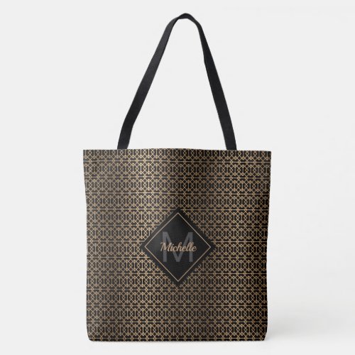 Gold Lattice Monogrammed Tote Bag