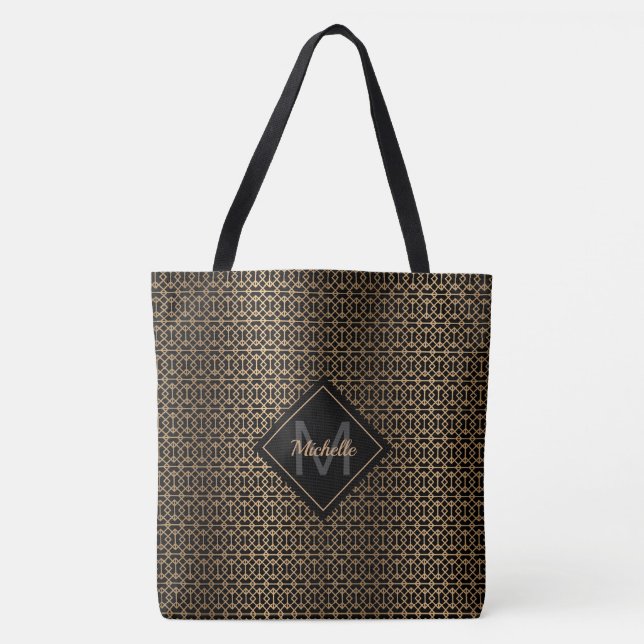 Gold Lattice Monogrammed Tote Bag (Front)