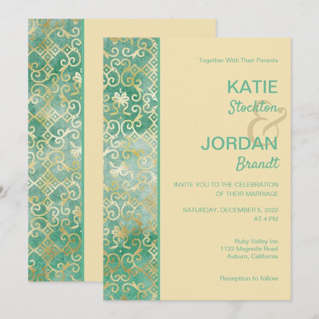 Gold Lattice Wedding Invitation (Front/Back)