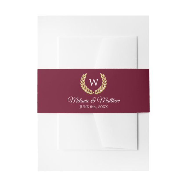 Gold Laurel Burgundy White Monogram Wedding Invitation Belly Band (Front Example)