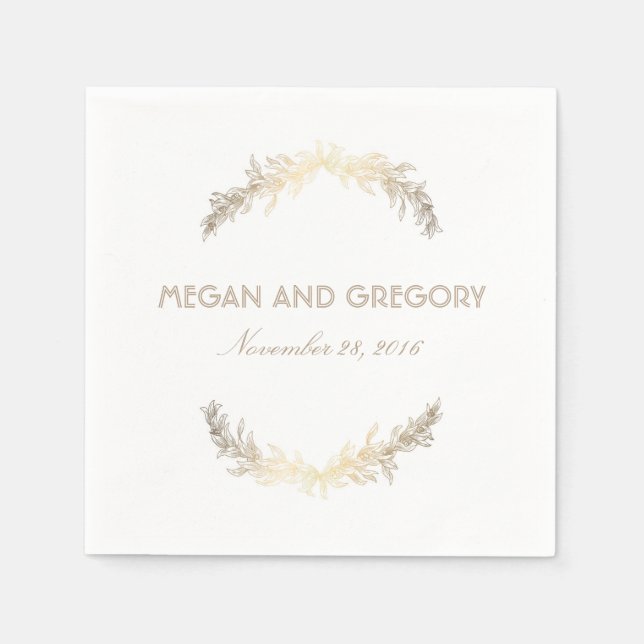 Gold Laurel Elegant White Wedding Napkins (Front)