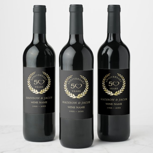 Gold Laurel & Heart Anniversary  Wine Label (Bottles)