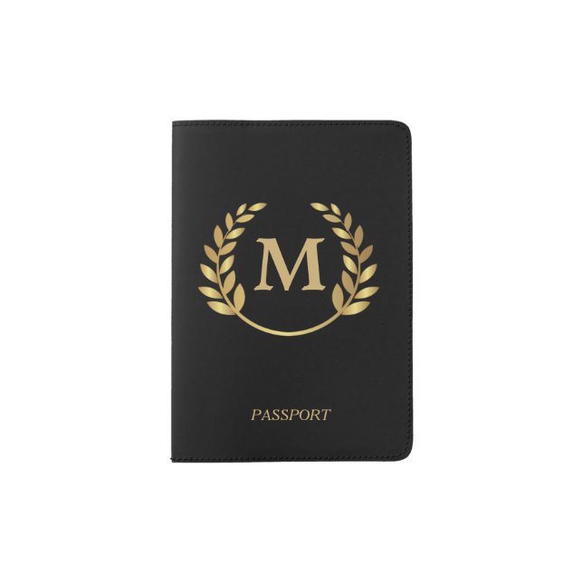 Gold Laurel Leaf Emblem Monogram Passport Holder (Front)