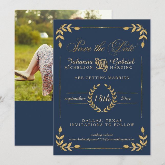 Gold Laurel Leaf Navy Photo Save the Date (Front/Back)
