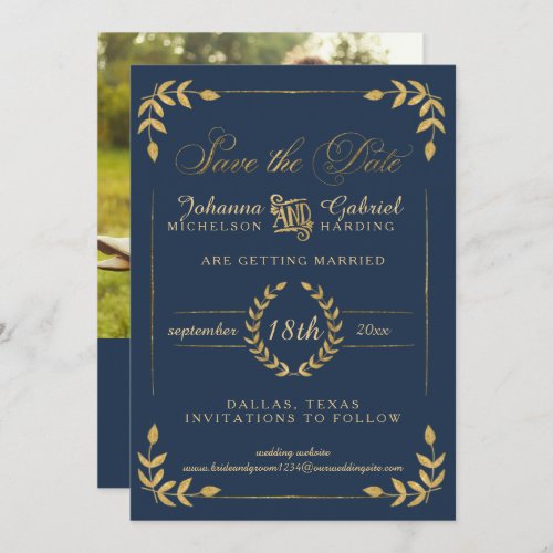 Gold Laurel Leaf Navy Photo Save the Date