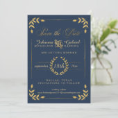 Gold Laurel Leaf Navy Photo Save the Date (Standing Front)
