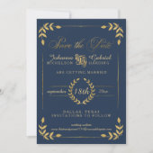Gold Laurel Leaf Navy Photo Save the Date (Front)
