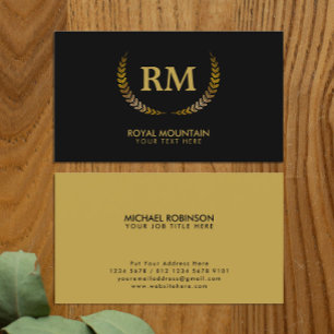 Gold Laurel Leaves Elegant Initial on Black Business Card