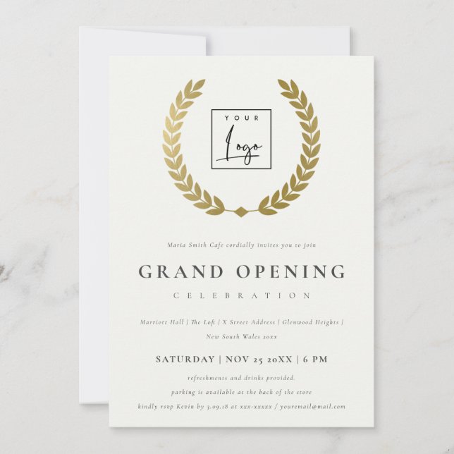 Gold Laurel Logo Ornate Grand Opening Invite (Front)