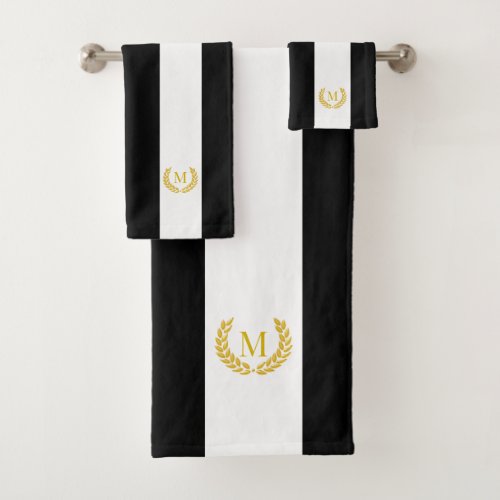 Gold Laurel  Monogram on Black  White Striped Bath Towel Set