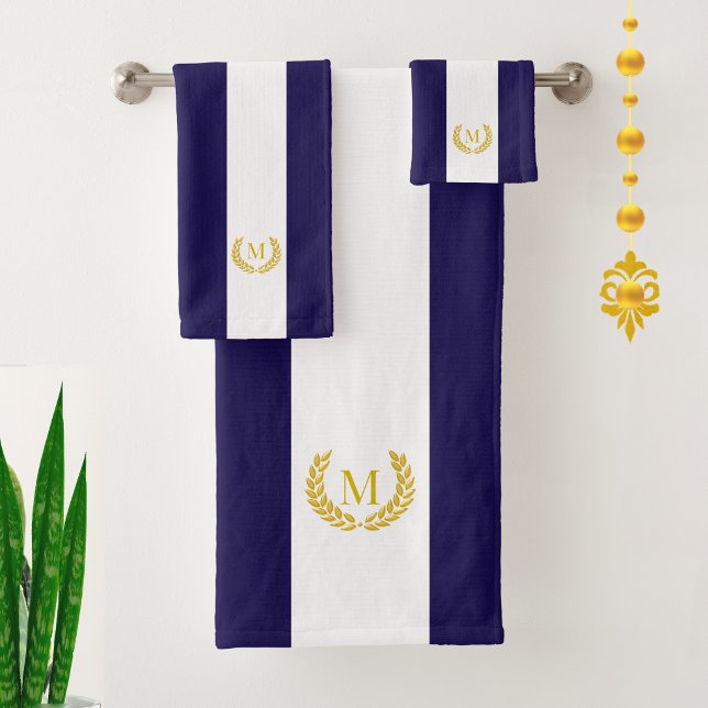 Gold Laurel & Monogram on Blue & White Striped Bath Towel Set (Creator Uploaded)