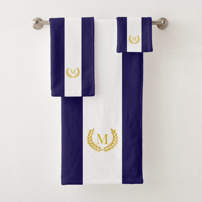 Gold Laurel & Monogram on Blue & White Striped Bath Towel Set (Insitu)