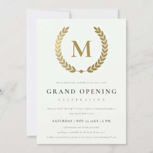 Gold Laurel Monogram Ornate Grand Opening Invite