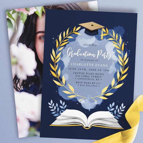 Other Occasions 5 Gold Laurel Navy Blue Graduation Party Photo Invitation
