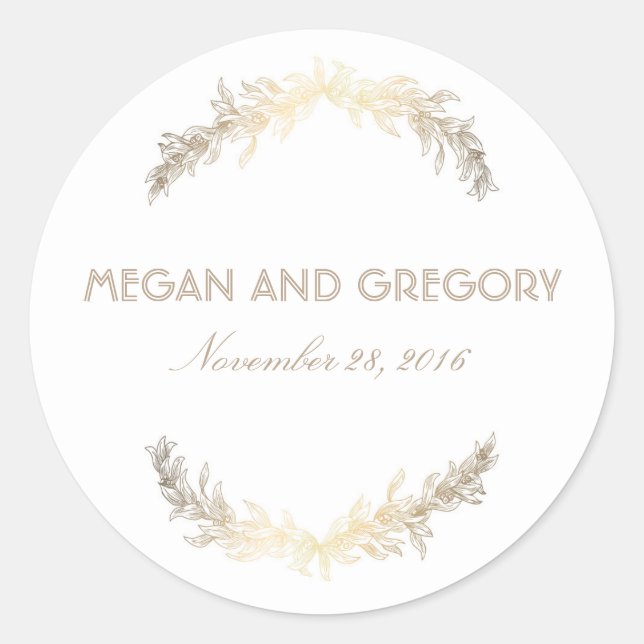Gold Laurel Vintage Wedding Classic Round Sticker (Front)