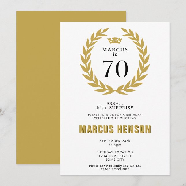 Gold Laurel Wreath Crown 70th Birthday Surprise Invitation (Front/Back)