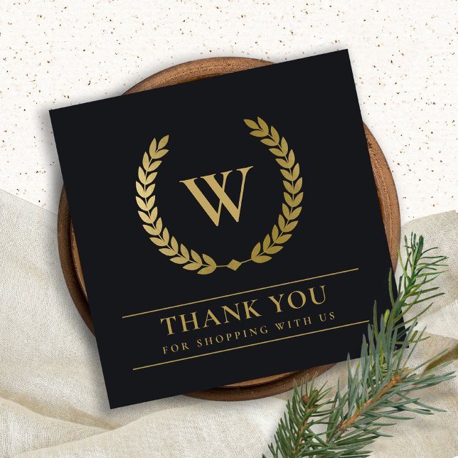 GOLD LAUREL WREATH INITIAL LOGO BUSINESS THANK YOU SQUARE BUSINESS CARD (Creator Uploaded)