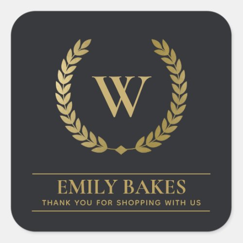 GOLD LAUREL WREATH INITIAL LOGO BUSINESS THANK YOU SQUARE STICKER