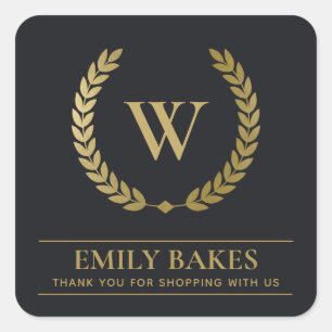 GOLD LAUREL WREATH INITIAL LOGO BUSINESS THANK YOU SQUARE STICKER