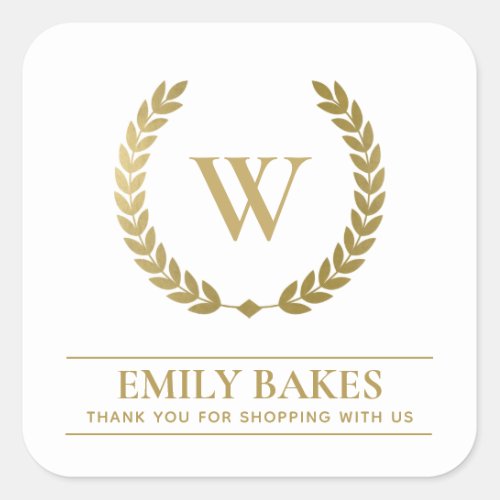 GOLD LAUREL WREATH INITIAL LOGO BUSINESS THANK YOU SQUARE STICKER