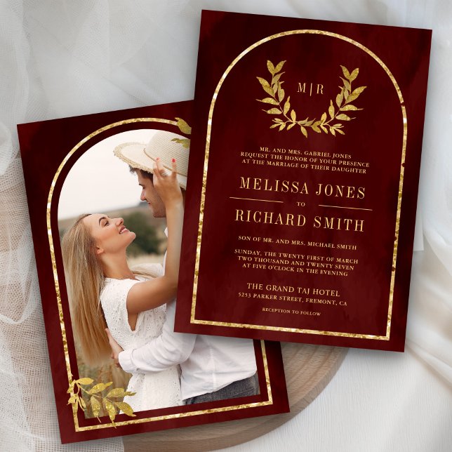 Gold Laurel Wreath Leaves Burgundy Red Wedding Invitation (Creator Uploaded)