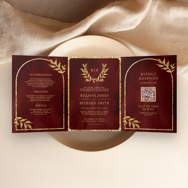 Gold Laurel Wreath Leaves Burgundy Red Wedding Tri-Fold Invitation (Creator Uploaded)
