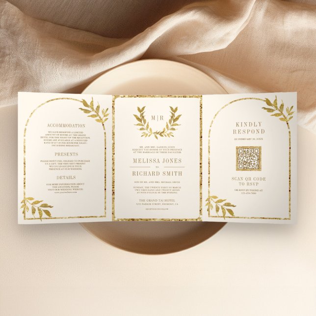 Gold Laurel Wreath Leaves Cream Wedding Tri-Fold Invitation (Creator Uploaded)