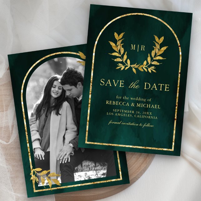 Gold Laurel Wreath Leaves Emerald Green Wedding Save The Date (Creator Uploaded)