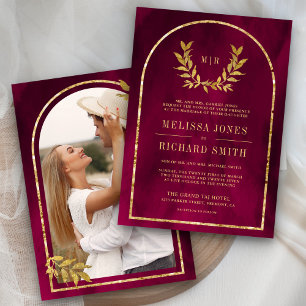 Gold Laurel Wreath Leaves Fuchsia Magenta Wedding Invitation