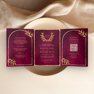 Gold Laurel Wreath Leaves Fuchsia Magenta Wedding Tri-Fold Invitation