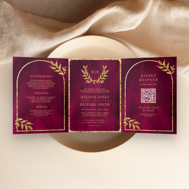 Gold Laurel Wreath Leaves Fuchsia Magenta Wedding Tri-Fold Invitation (Creator Uploaded)