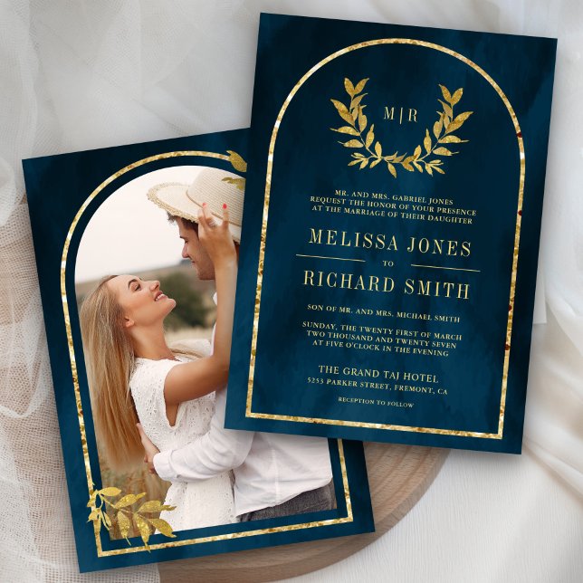 Gold Laurel Wreath Leaves Ocean Blue Wedding Invitation (Creator Uploaded)