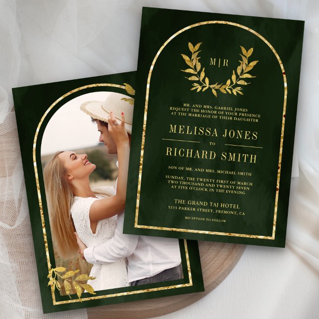 Gold Laurel Wreath Leaves Olive Green Wedding Invitation (Creator Uploaded)