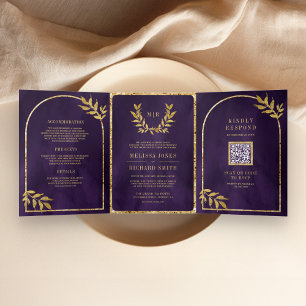 Gold Laurel Wreath Leaves Royal Purple Wedding Tri-Fold Invitation
