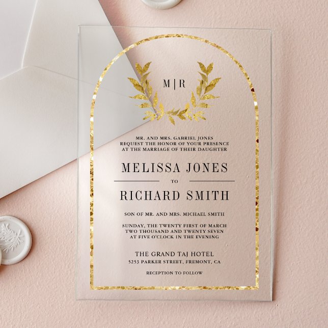 Gold Laurel Wreath Leaves Wedding Acrylic Invitations (Creator Uploaded)