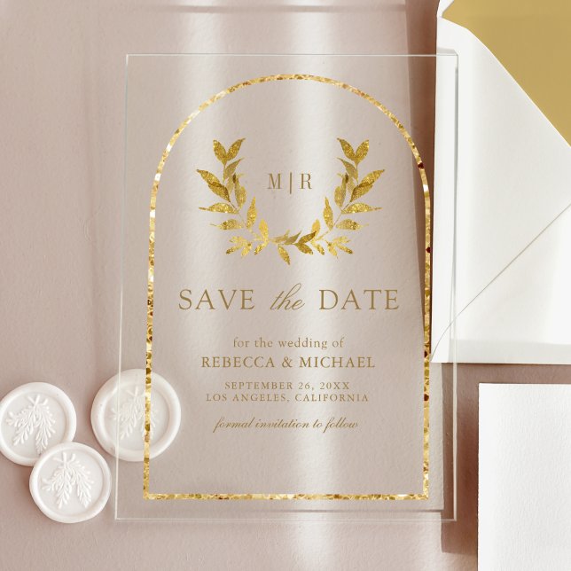 Gold Laurel Wreath Leaves Wedding Save the Date Acrylic Invitations (Creator Uploaded)
