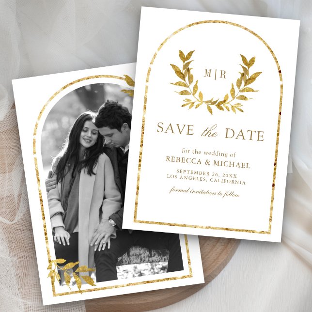 Gold Laurel Wreath Leaves White Wedding Save The Date (Creator Uploaded)