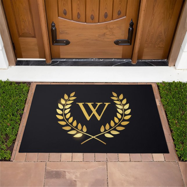 Gold Laurel Wreath Monogram Doormat (Outdoor)