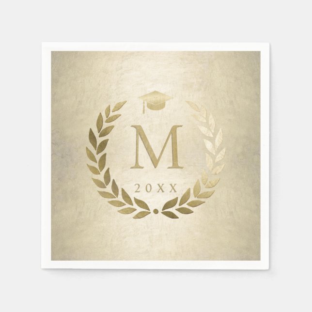Gold Laurel Wreath Monogram Initial Graduation Napkins (Front)
