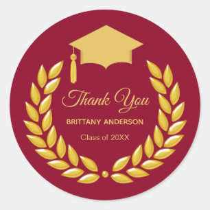 Gold Laurel Wreath on Maroon Thank You Graduation Classic Round Sticker