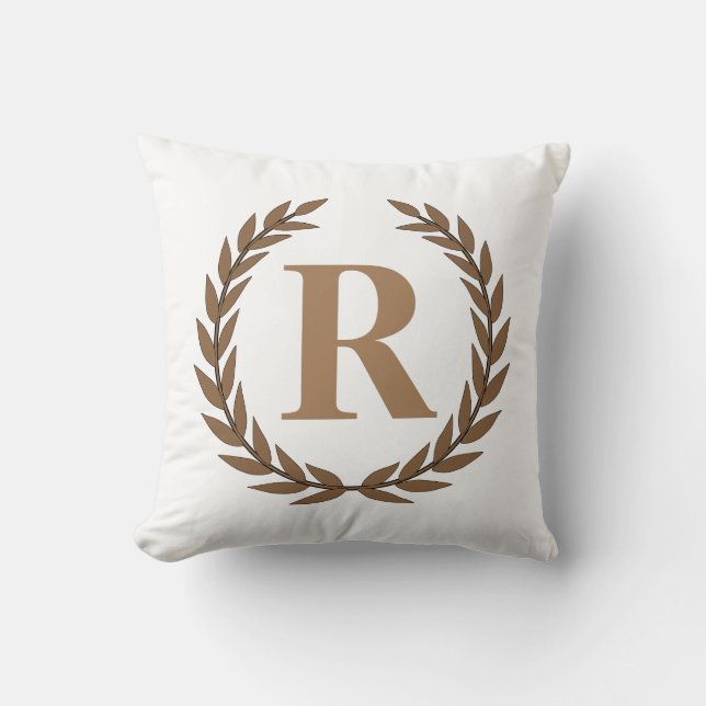 Gold Laurel Wreath Personalized Initial Pillow (Front)